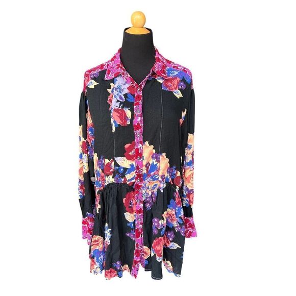 Free People Brunch A Bunch Longsleeve Tunic Top Black Floral Motif Size Small - Picture 4 of 8